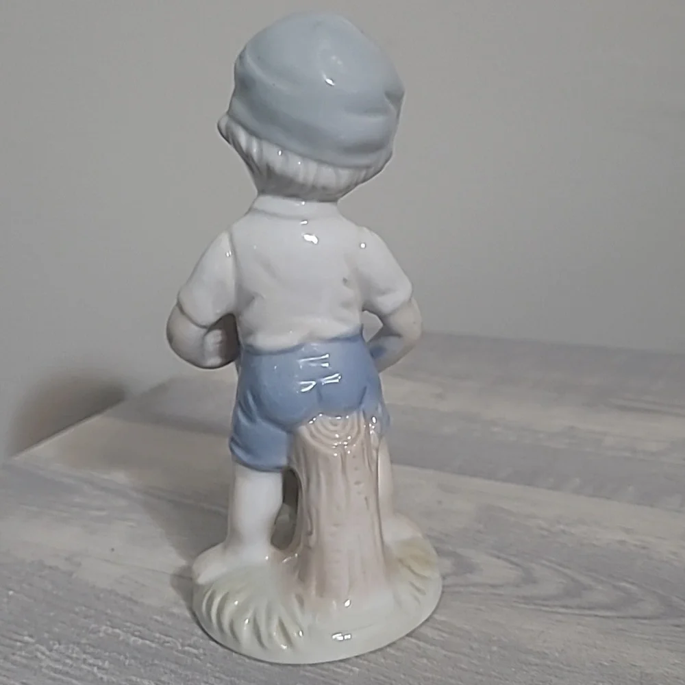 Unique Vintage Blue and White Porcelain Boy with Goose Figurine